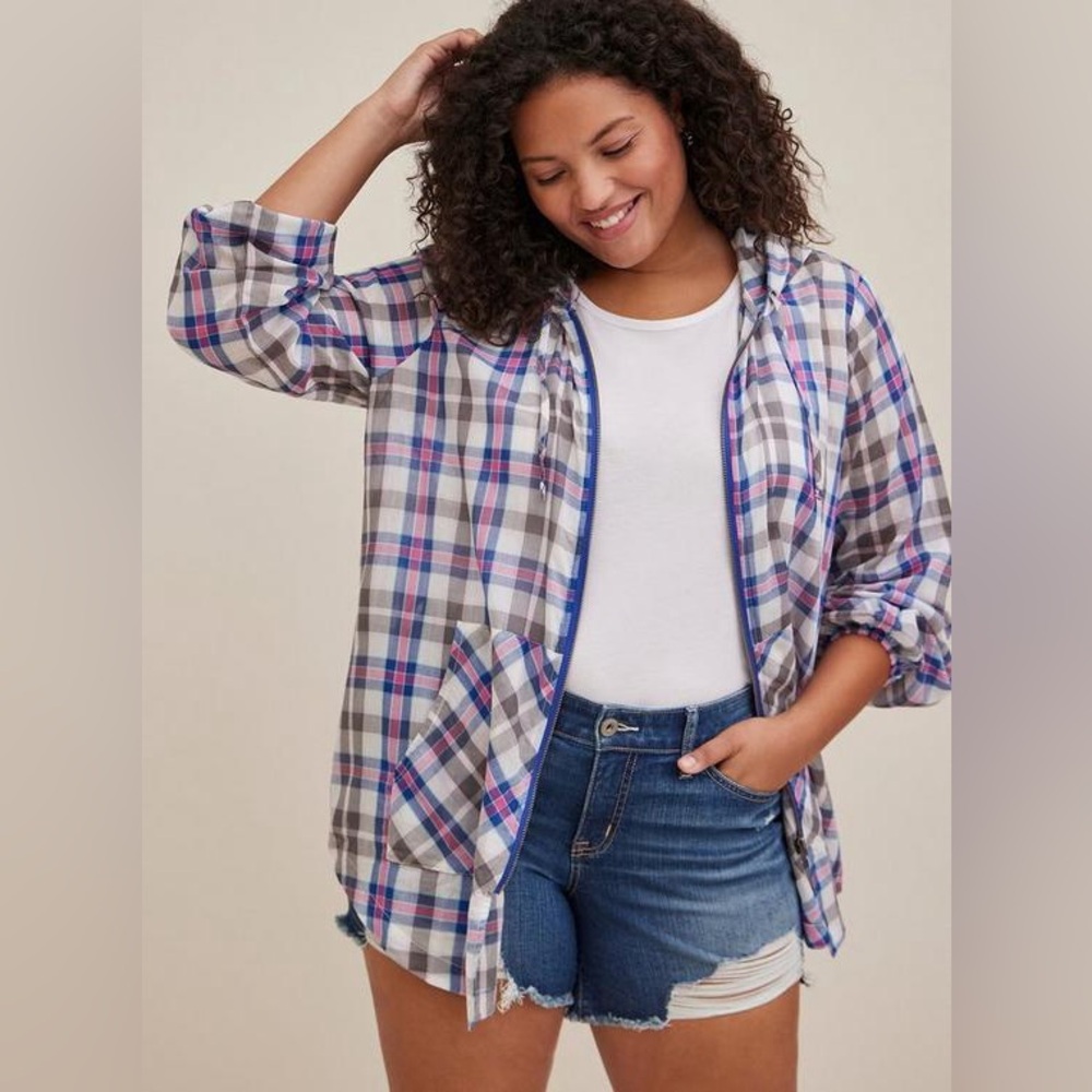 Torrid Long Line Zip Up Jacket - Voile Plaid Blue